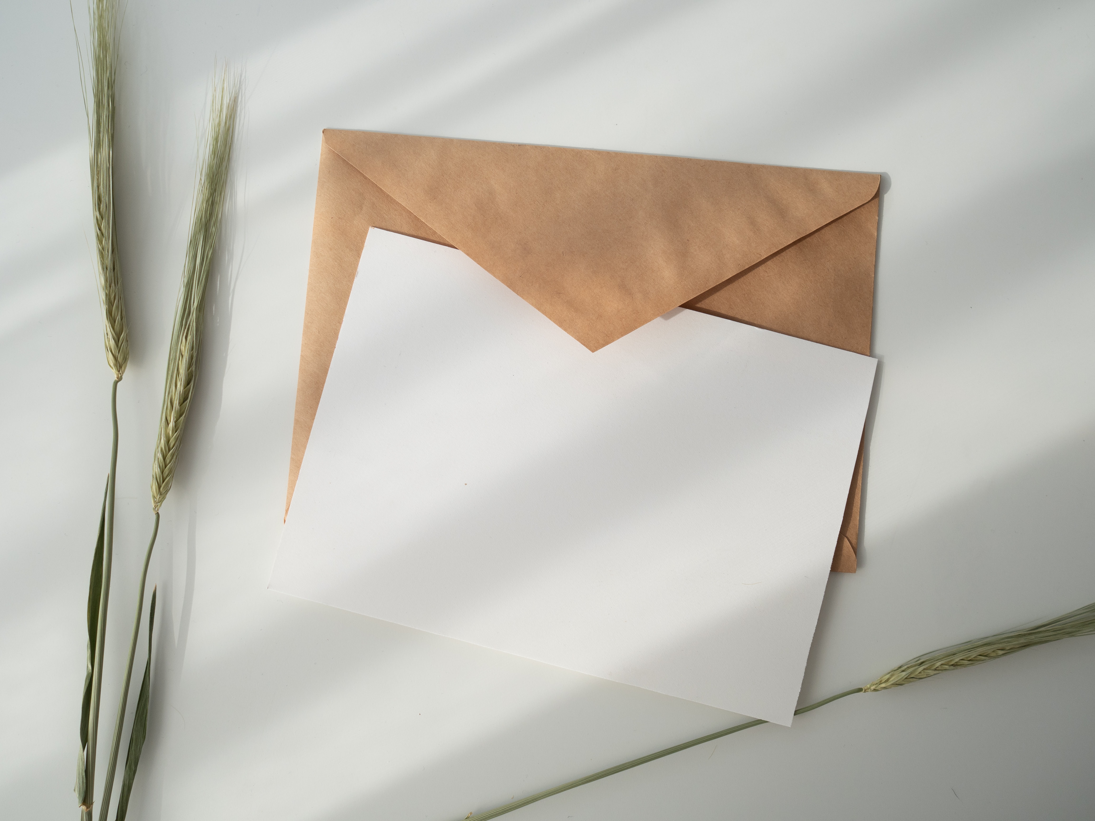 blank invitation card sitting on top of a brown envelope